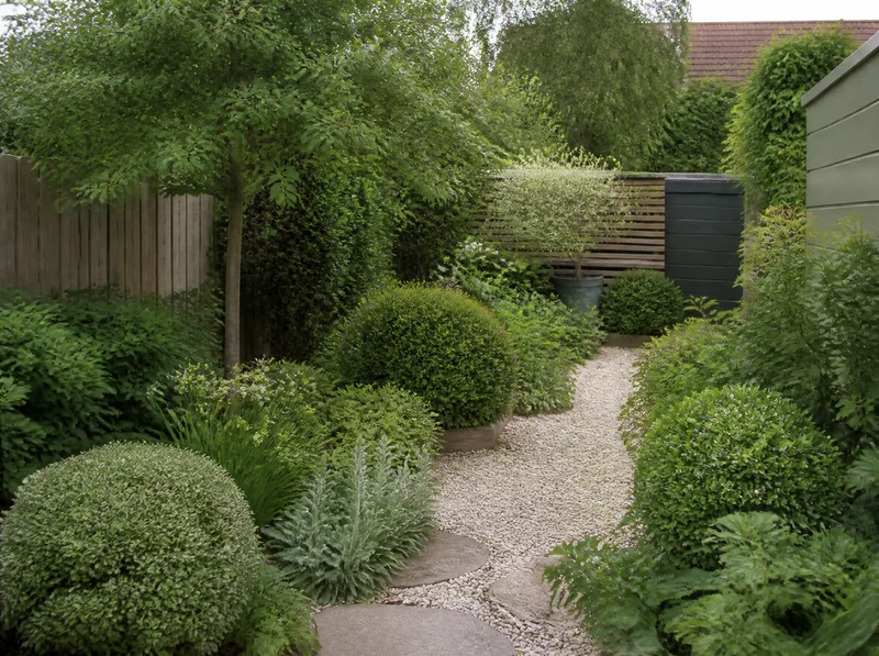 AI-generated illustrative garden with shrubs and a gravel path.