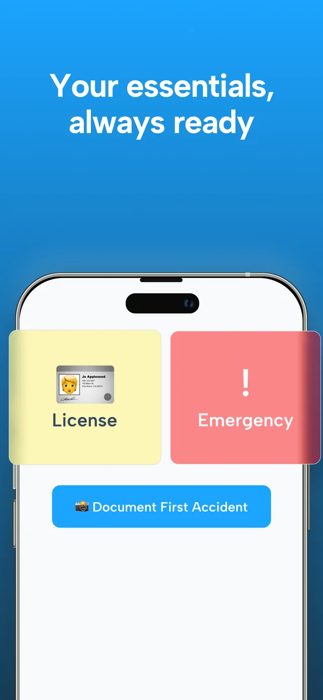 Right After Crash promotional artwork showing document and emergency shortcuts above the Document First Accident action.